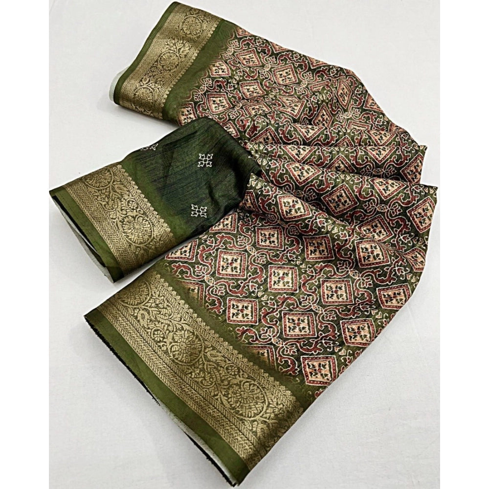 Generic Women's Cotton Blend Printed Saree With Unstitched Blouse 5.5Mtr (Green)
