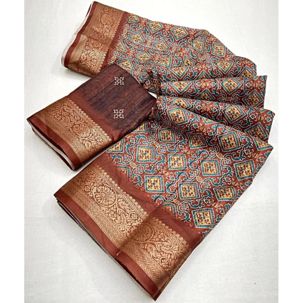 Generic Women's Cotton Blend Printed Saree With Unstitched Blouse 5.5Mtr (Multicolor)
