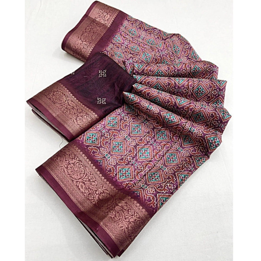 Generic Women's Cotton Blend Printed Saree With Unstitched Blouse 5.5Mtr (Wine)