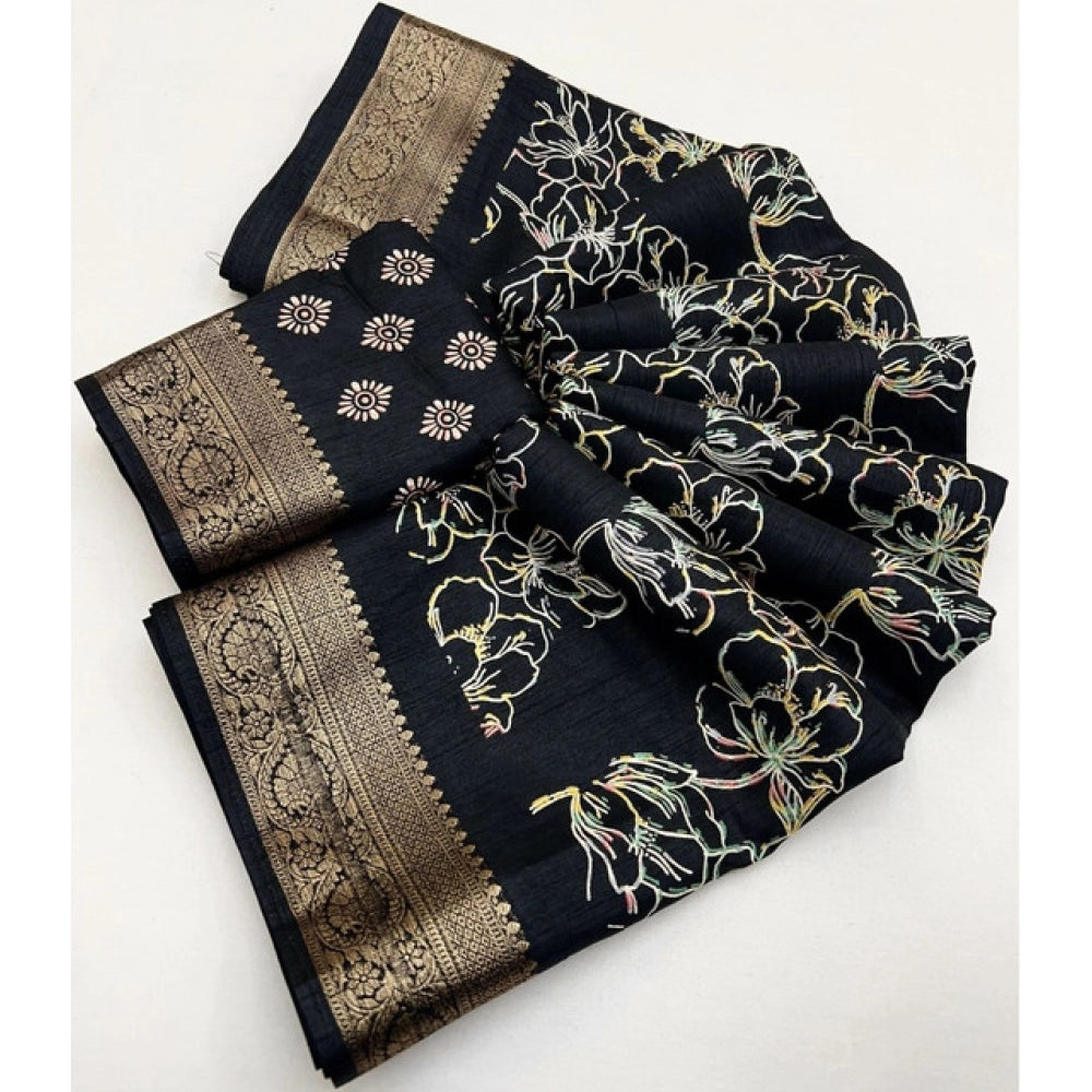 Generic Women's Cotton Silk Floral Printed Saree With Unstitched Blouse 5.5Mtr (Black)