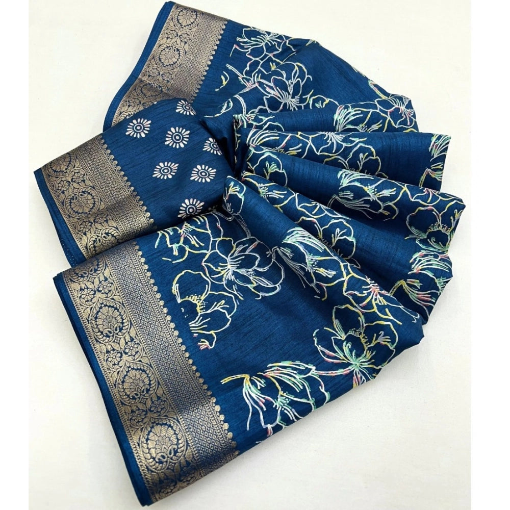 Generic Women's Cotton Silk Floral Printed Saree With Unstitched Blouse 5.5Mtr (Blue)