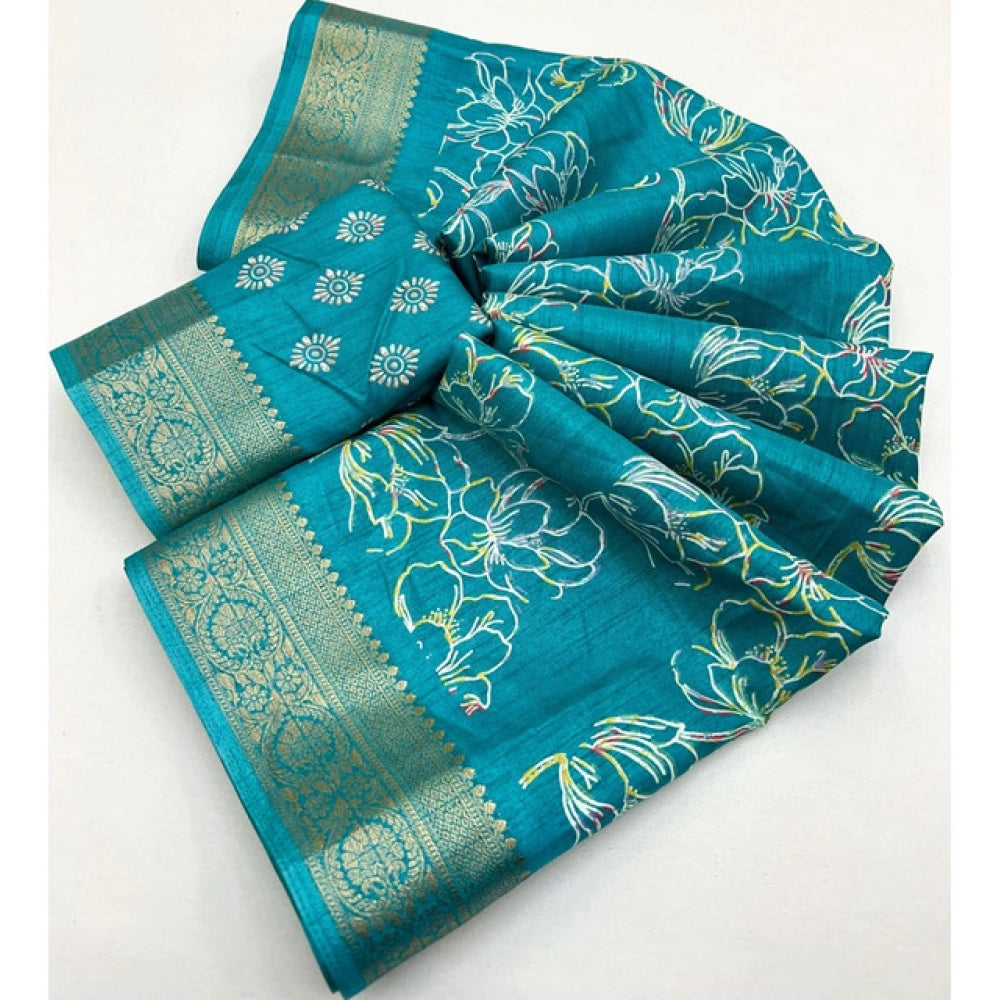 Generic Women's Cotton Silk Floral Printed Saree With Unstitched Blouse 5.5Mtr (Rama)