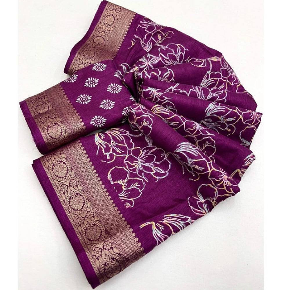 Generic Women's Cotton Silk Floral Printed Saree With Unstitched Blouse 5.5Mtr (Wine)