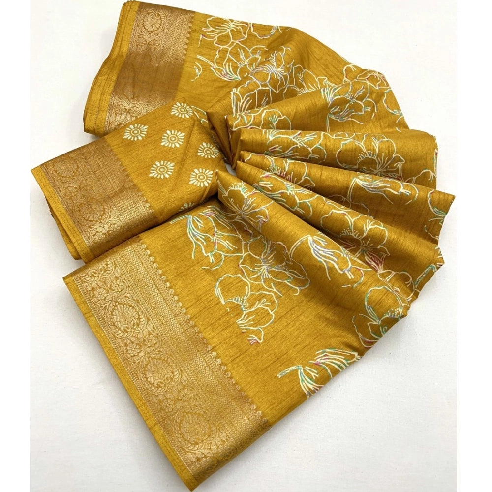 Generic Women's Cotton Silk Floral Printed Saree With Unstitched Blouse 5.5Mtr (Yellow)