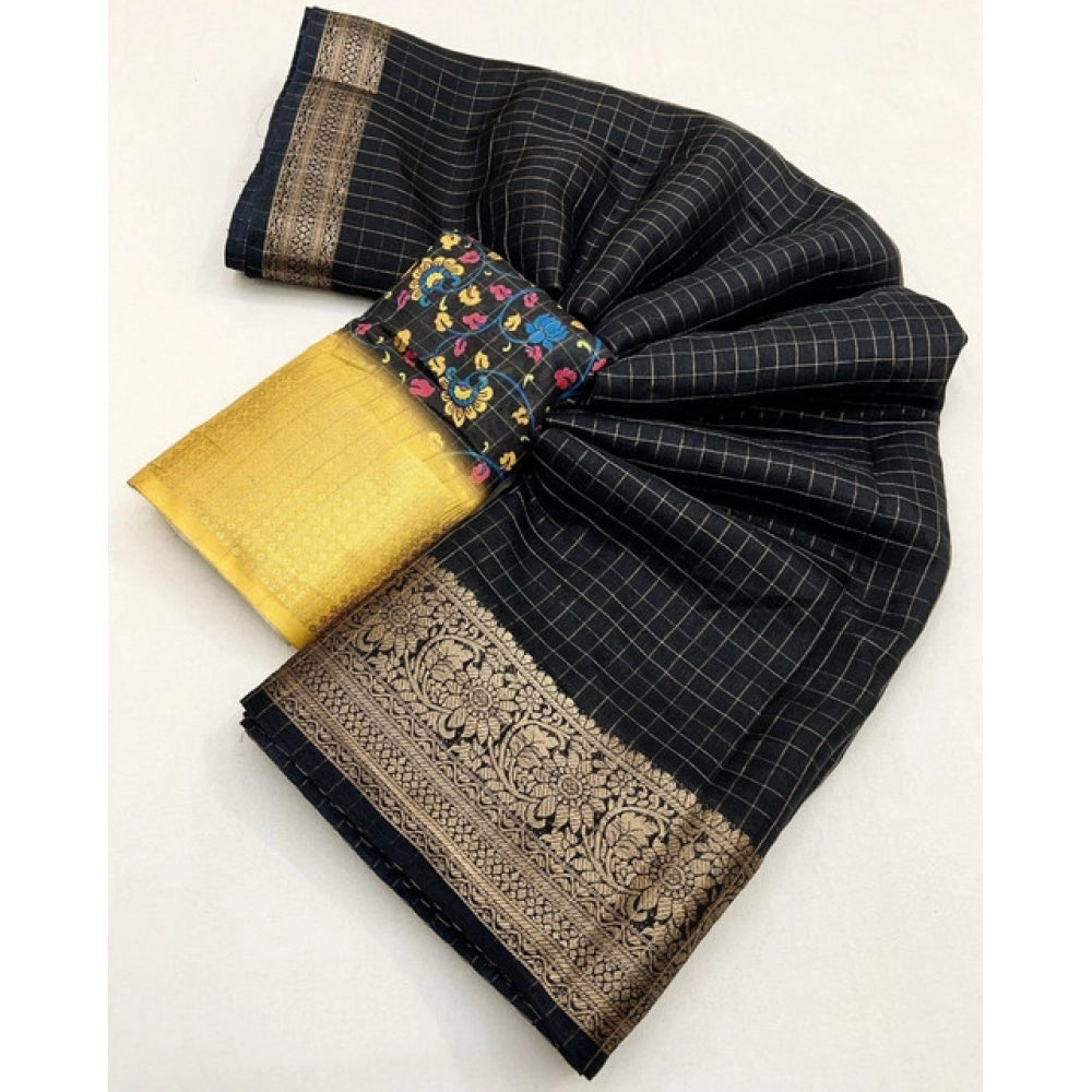 Generic Women's Cotton Blend Checkered Saree With Unstitched Blouse 5.5Mtr (Black)