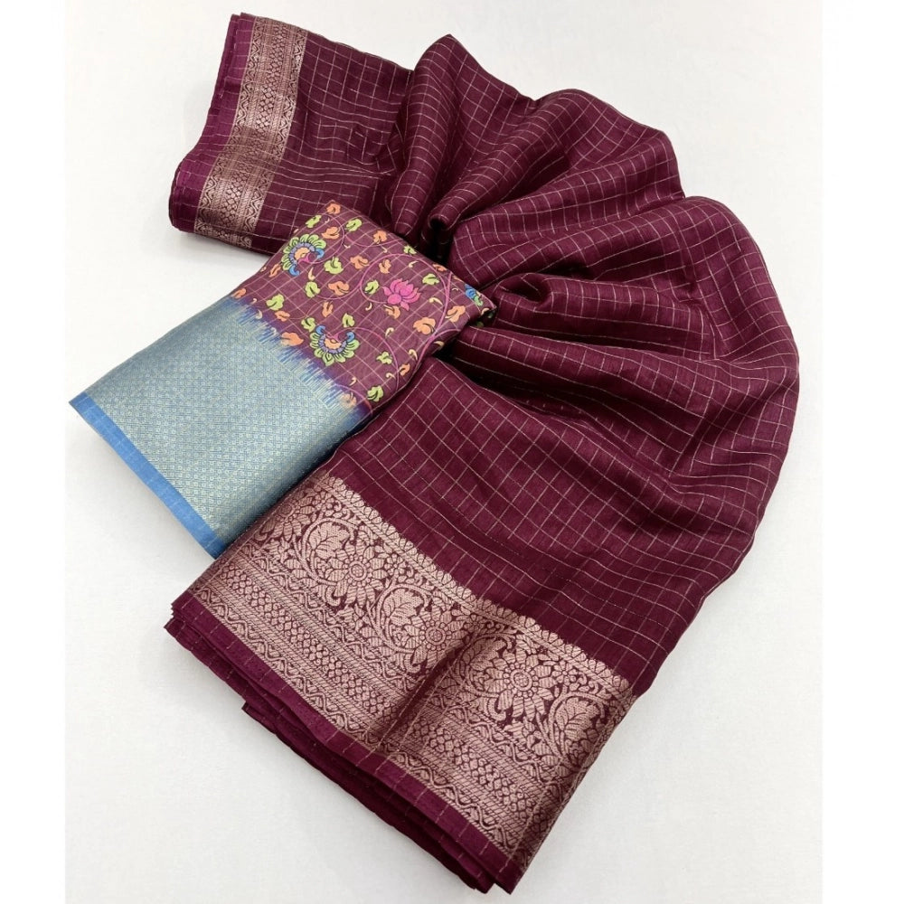 Generic Women's Cotton Blend Checkered Saree With Unstitched Blouse 5.5Mtr (Maroon)
