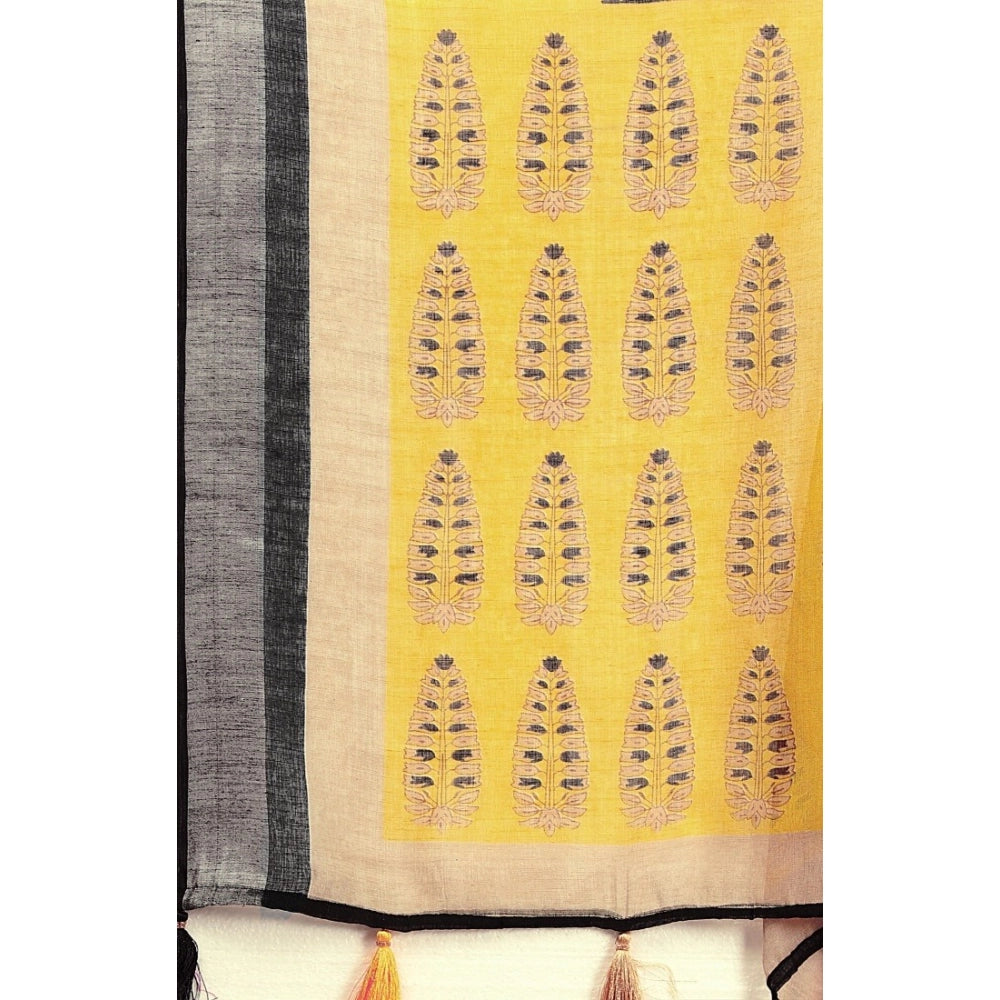 Generic Women's Cotton Linen Printed Saree With Unstitched Blouse 5.5Mtr (Black)