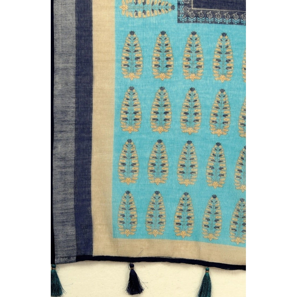 Generic Women's Cotton Linen Printed Saree With Unstitched Blouse 5.5Mtr (Blue)