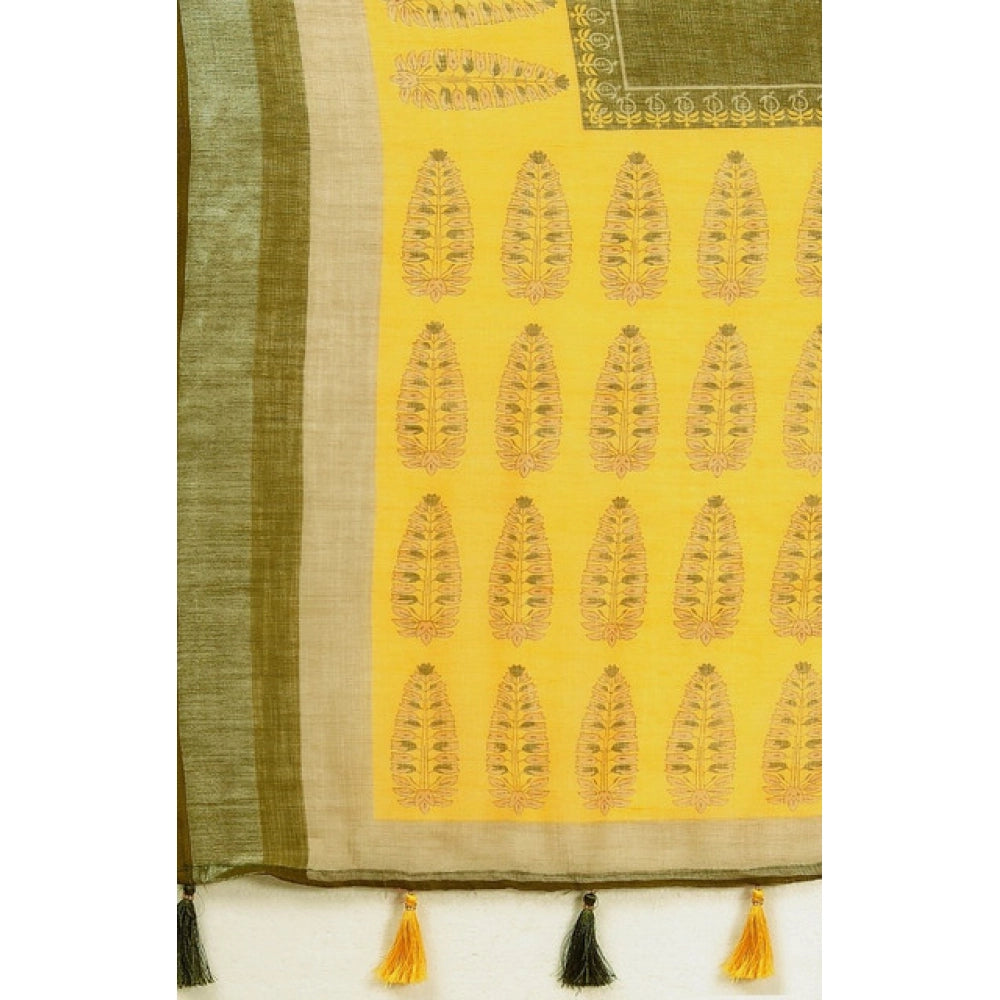 Generic Women's Cotton Linen Printed Saree With Unstitched Blouse 5.5Mtr (Green)