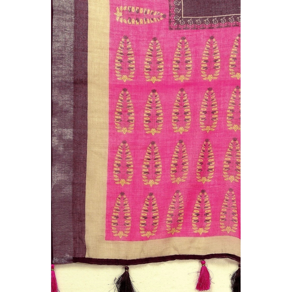 Generic Women's Cotton Linen Printed Saree With Unstitched Blouse 5.5Mtr (Wine)