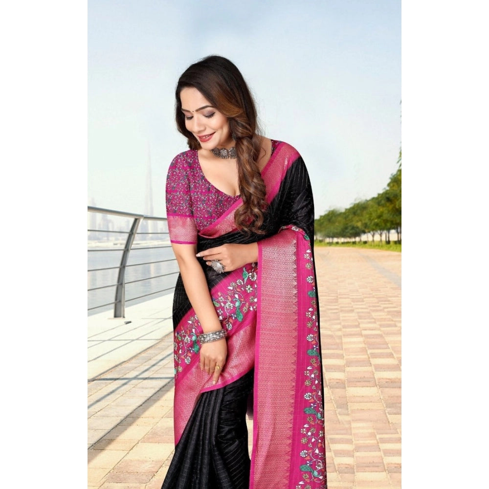 Generic Women's Cotton Silk Printed Saree With Unstitched Blouse 5.5Mtr (Black-Pink)