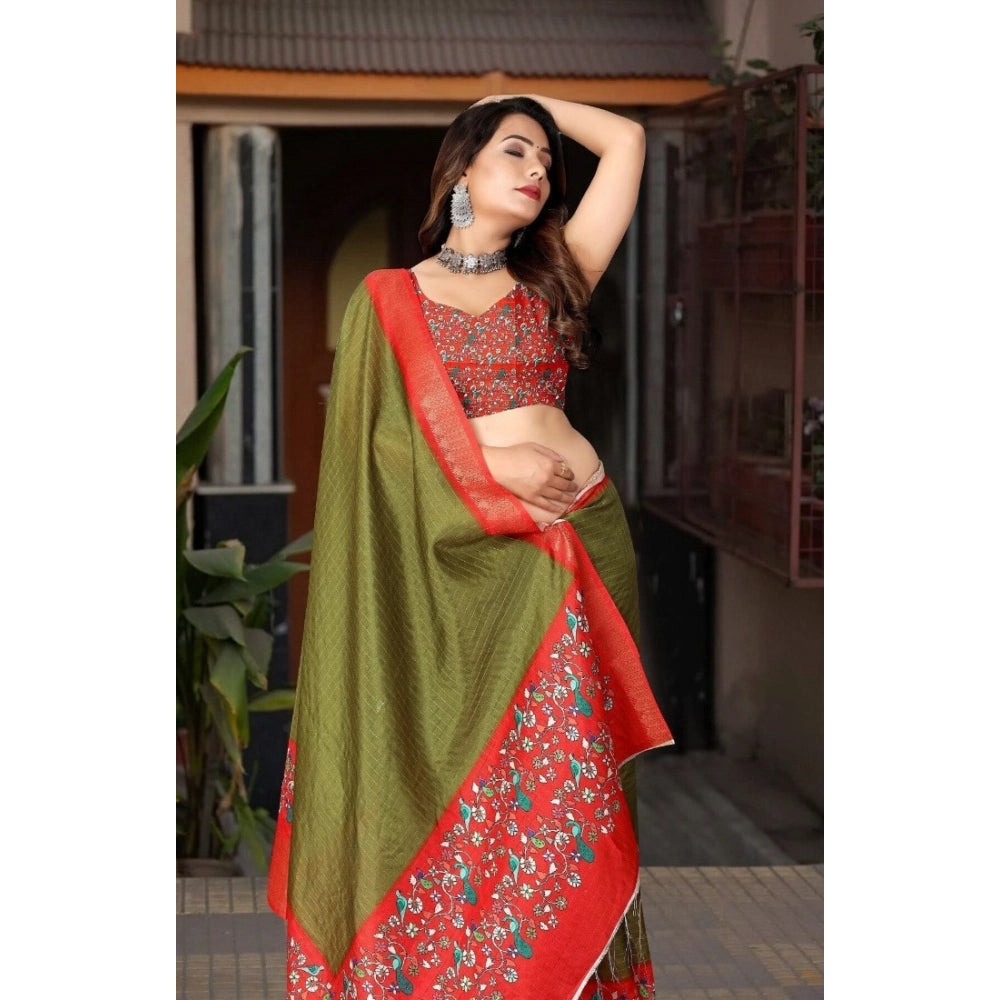 Generic Women's Cotton Silk Printed Saree With Unstitched Blouse 5.5Mtr (Green-Red)