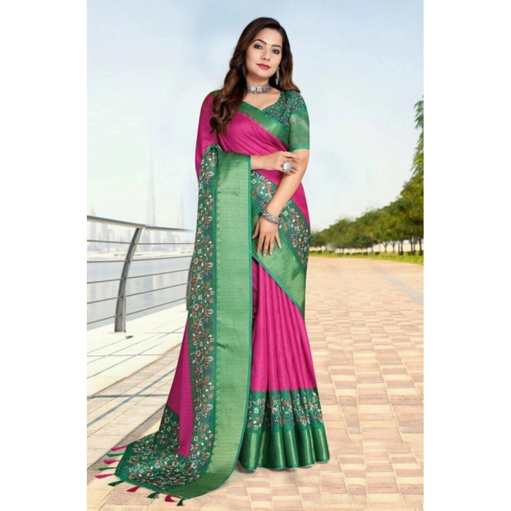 Generic Women's Cotton Silk Printed Saree With Unstitched Blouse 5.5Mtr (Multicolor)