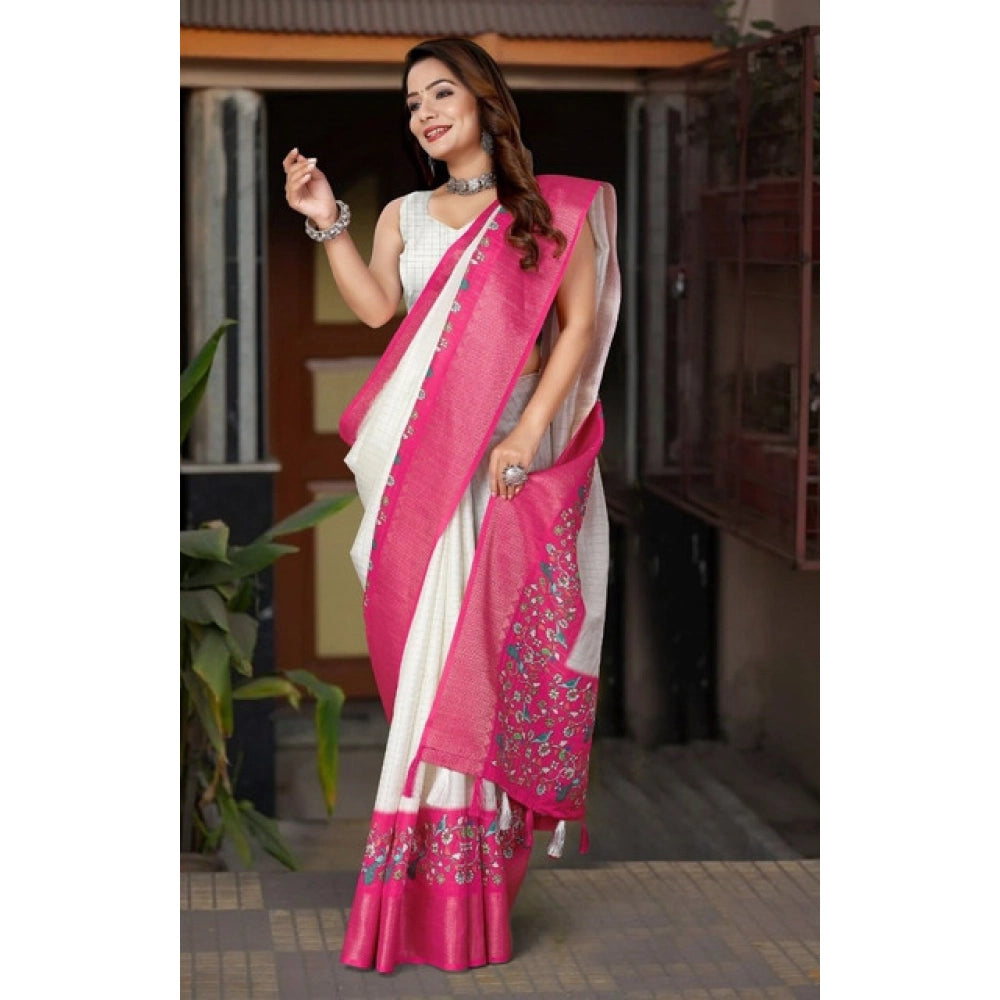 Generic Women's Cotton Silk Printed Saree With Unstitched Blouse 5.5Mtr (White-Pink)