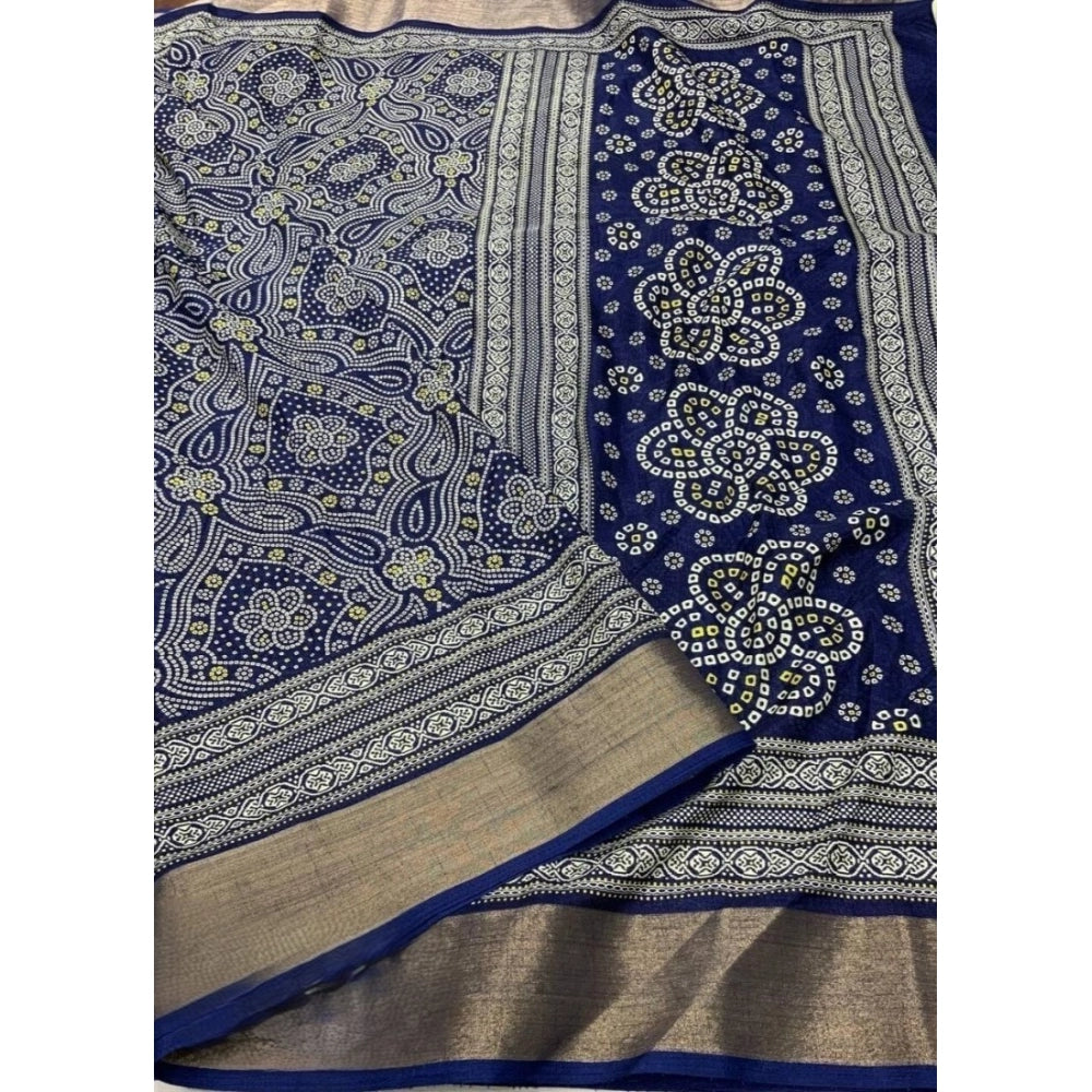 Generic Women's Cotton Silk Printed Saree With Unstitched Blouse 5.5Mtr (Blue)