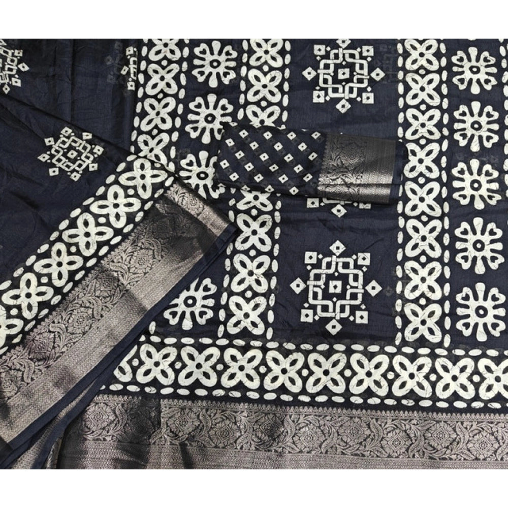 Generic Women's Cotton Silk Printed Saree With Unstitched Blouse 5.5Mtr (Black)