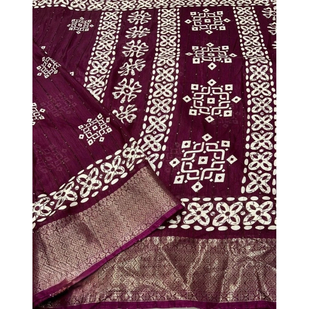 Generic Women's Cotton Silk Printed Saree With Unstitched Blouse 5.5Mtr (Wine)