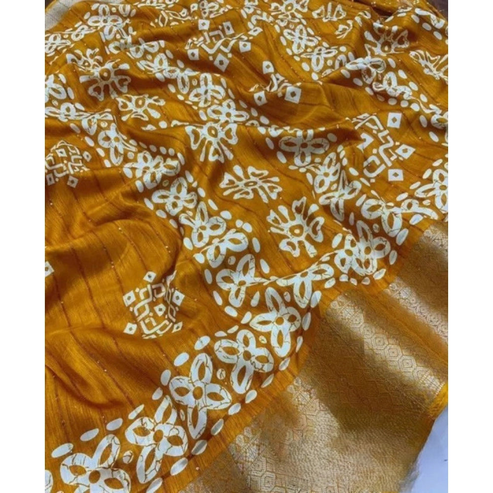 Generic Women's Cotton Silk Printed Saree With Unstitched Blouse 5.5Mtr (Yellow)
