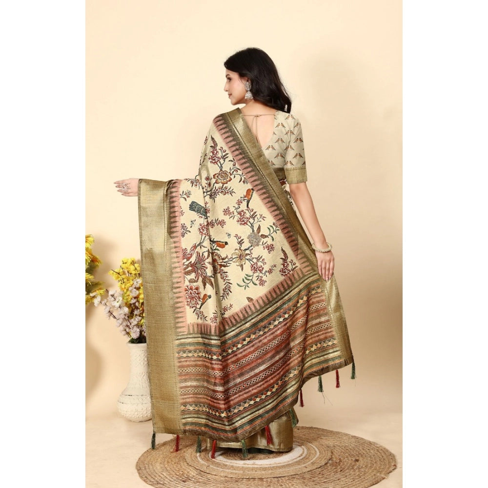 Generic Women's Cotton Silk Printed Saree With Unstitched Blouse 5.5Mtr (Cream)