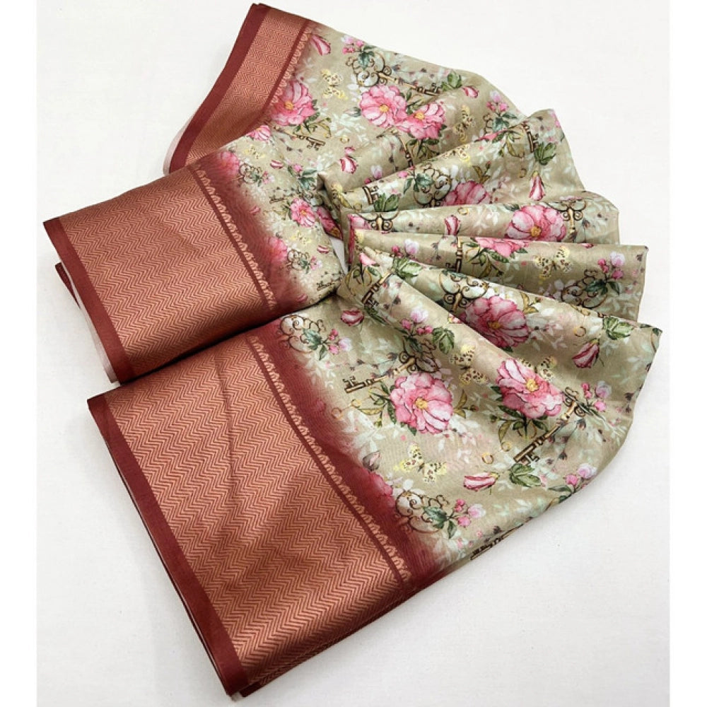 Generic Women's Cotton Silk Floral Printed Saree With Unstitched Blouse 5.5Mtr (Gold)