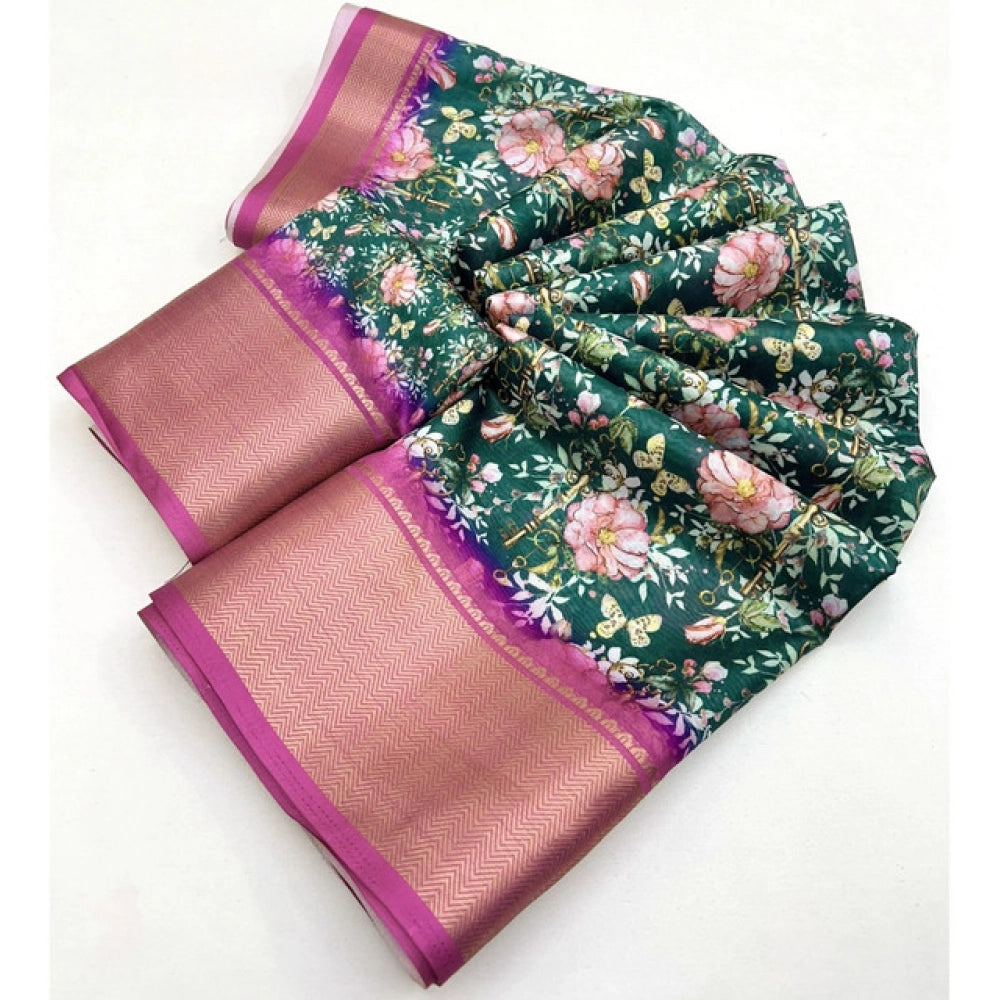 Generic Women's Cotton Silk Floral Printed Saree With Unstitched Blouse 5.5Mtr (Green)