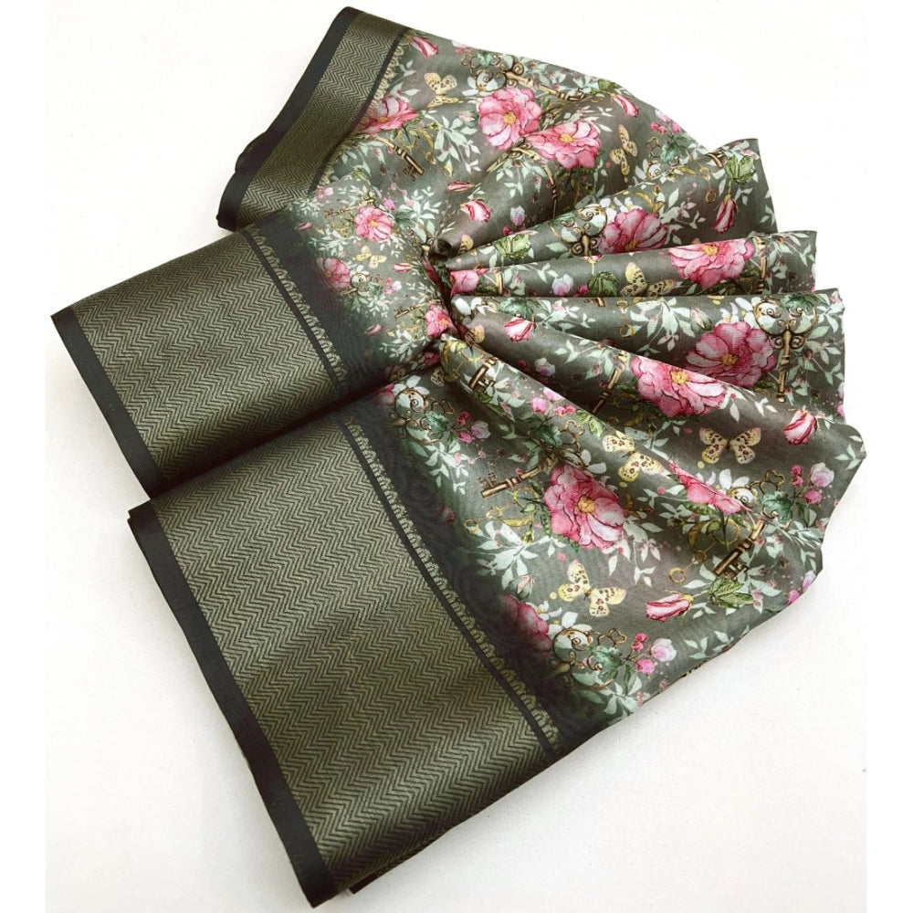 Generic Women's Cotton Silk Floral Printed Saree With Unstitched Blouse 5.5Mtr (Grey)