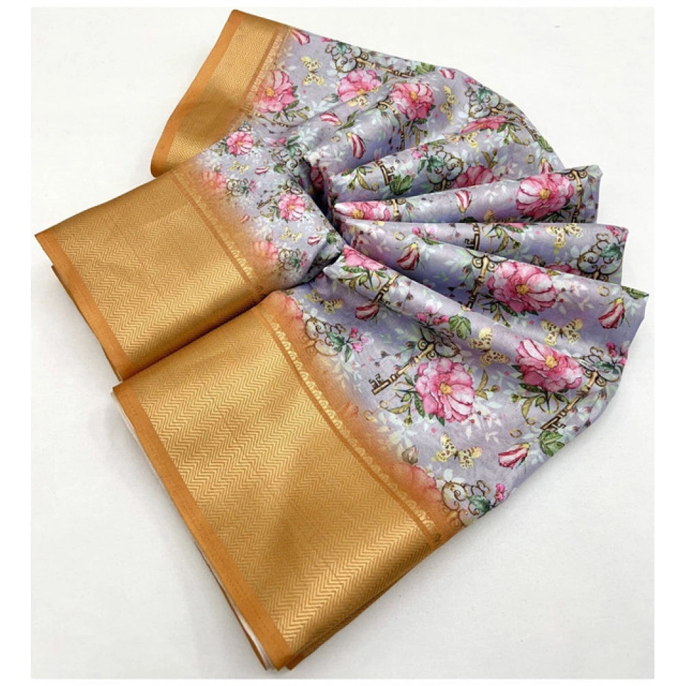 Generic Women's Cotton Silk Floral Printed Saree With Unstitched Blouse 5.5Mtr (Lavender)