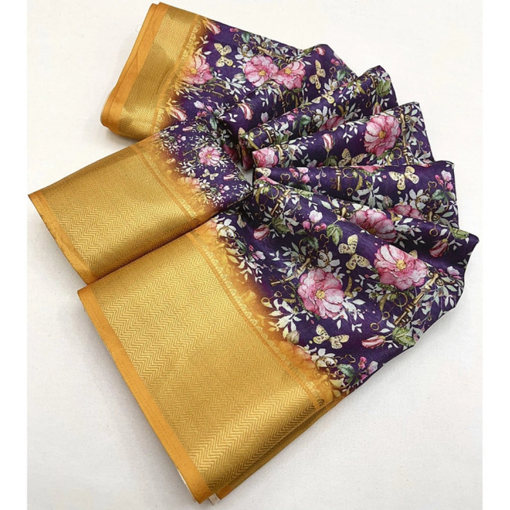 Generic Women's Cotton Silk Floral Printed Saree With Unstitched Blouse 5.5Mtr (Purple)