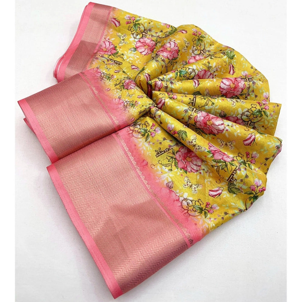 Generic Women's Cotton Silk Floral Printed Saree With Unstitched Blouse 5.5Mtr (Yellow)
