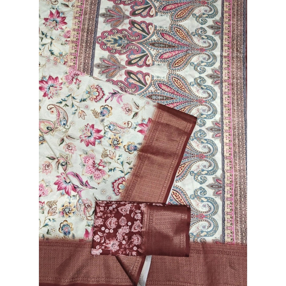 Generic Women's Cotton Silk Floral Printed Saree With Unstitched Blouse 5.5Mtr (Gold-Brown)