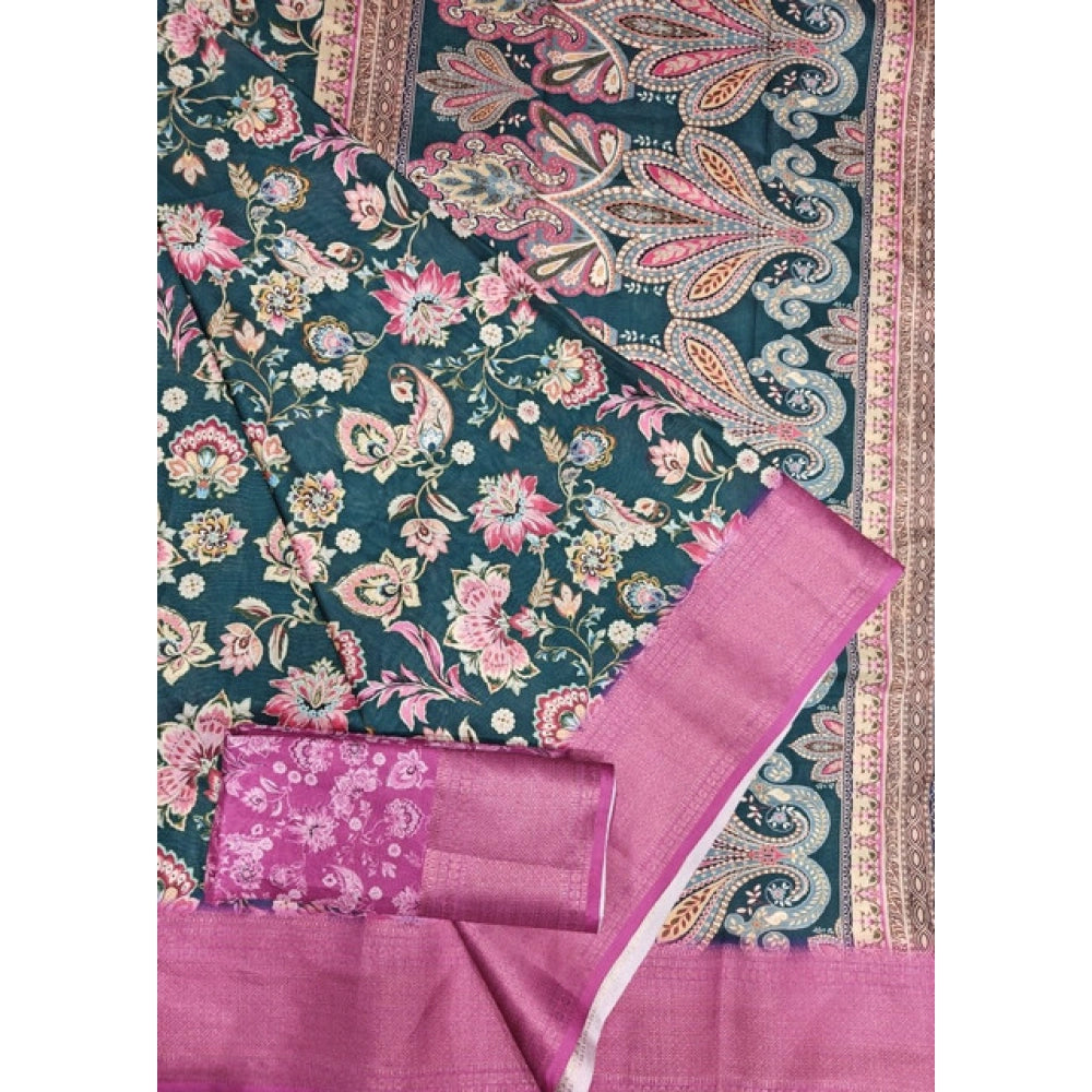 Generic Women's Cotton Silk Floral Printed Saree With Unstitched Blouse 5.5Mtr (Green-Pink)