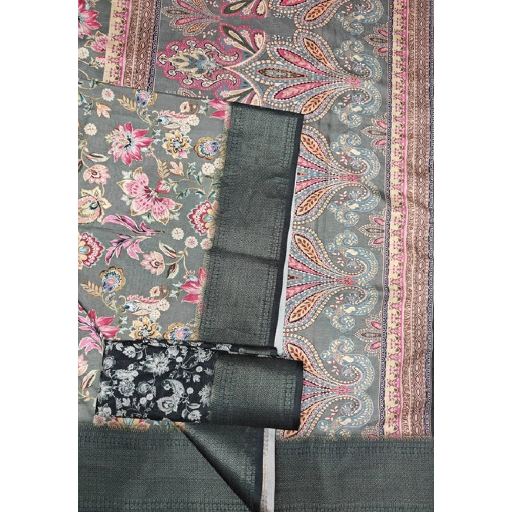 Generic Women's Cotton Silk Floral Printed Saree With Unstitched Blouse 5.5Mtr (Grey-Black)