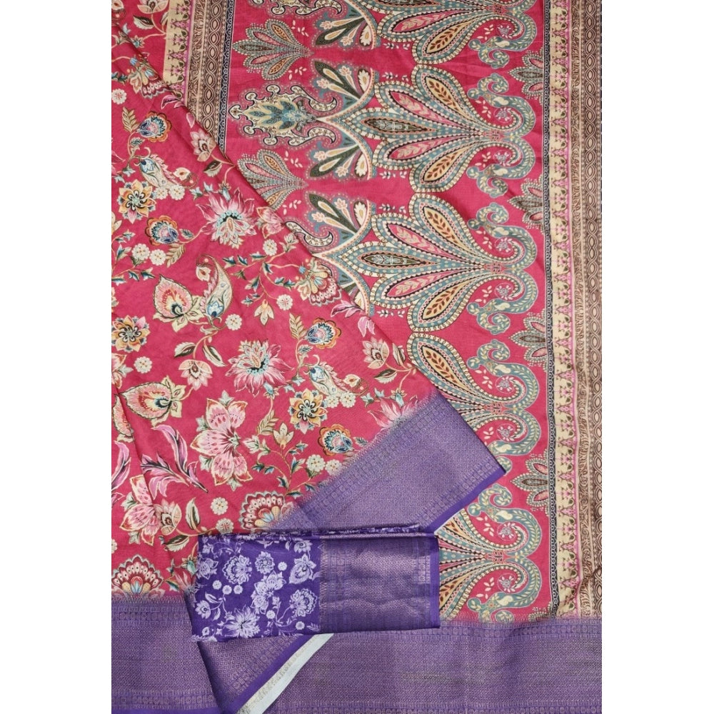 Generic Women's Cotton Silk Floral Printed Saree With Unstitched Blouse 5.5Mtr (Pink-Purple)