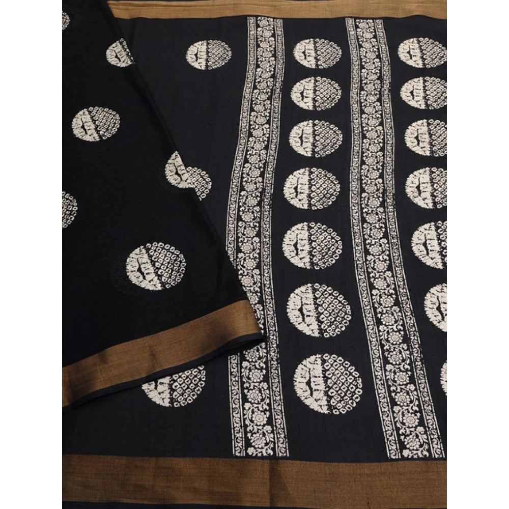 Generic Women's Cotton Silk Printed Saree With Unstitched Blouse 5.5Mtr (Black)