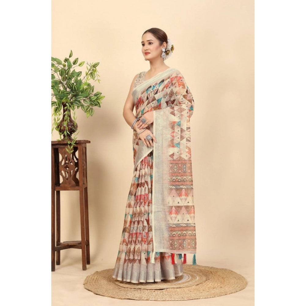 Generic Women's Cotton Silk Printed Saree With Unstitched Blouse 5.5Mtr (Multicolor)