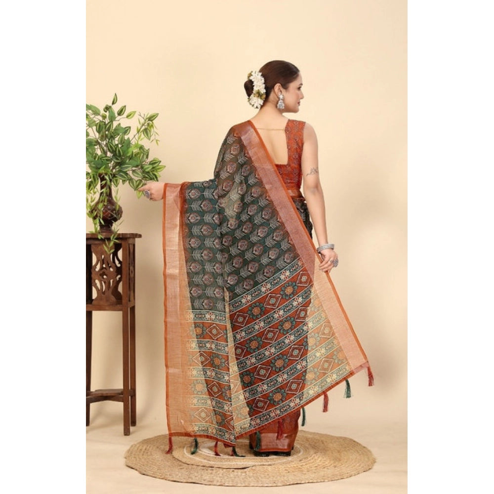 Generic Women's Cotton Silk Printed Saree With Unstitched Blouse 5.5Mtr (Multicolor)