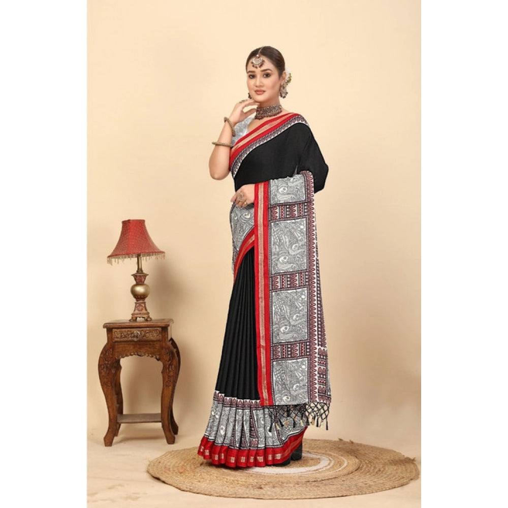 Generic Women's Cotton Silk Printed Saree With Unstitched Blouse 5.5Mtr (Black)