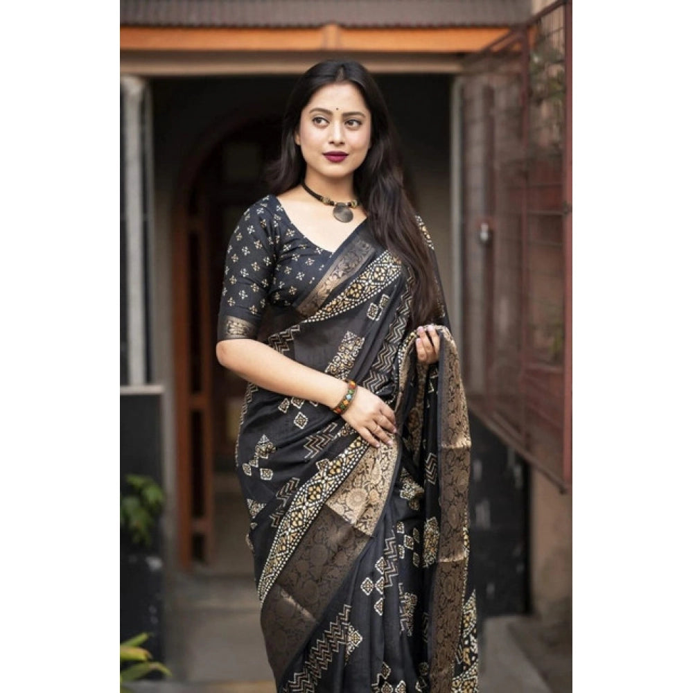 Generic Women's Cotton Silk Printed Saree With Unstitched Blouse 5.5Mtr (Black)