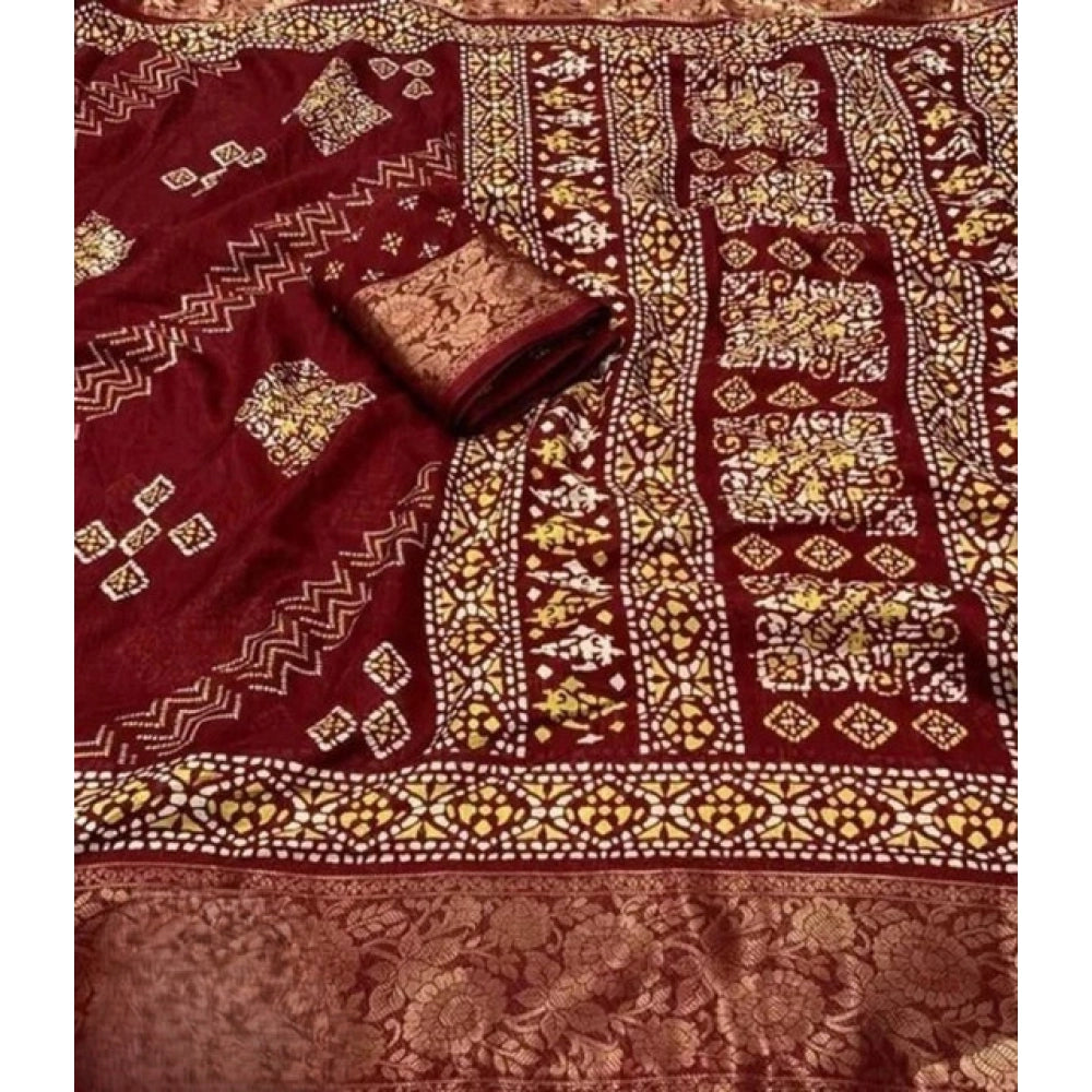 Generic Women's Cotton Silk Printed Saree With Unstitched Blouse 5.5Mtr (Maroon)