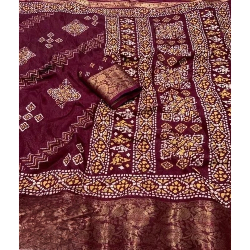 Generic Women's Cotton Silk Printed Saree With Unstitched Blouse 5.5Mtr (Wine)