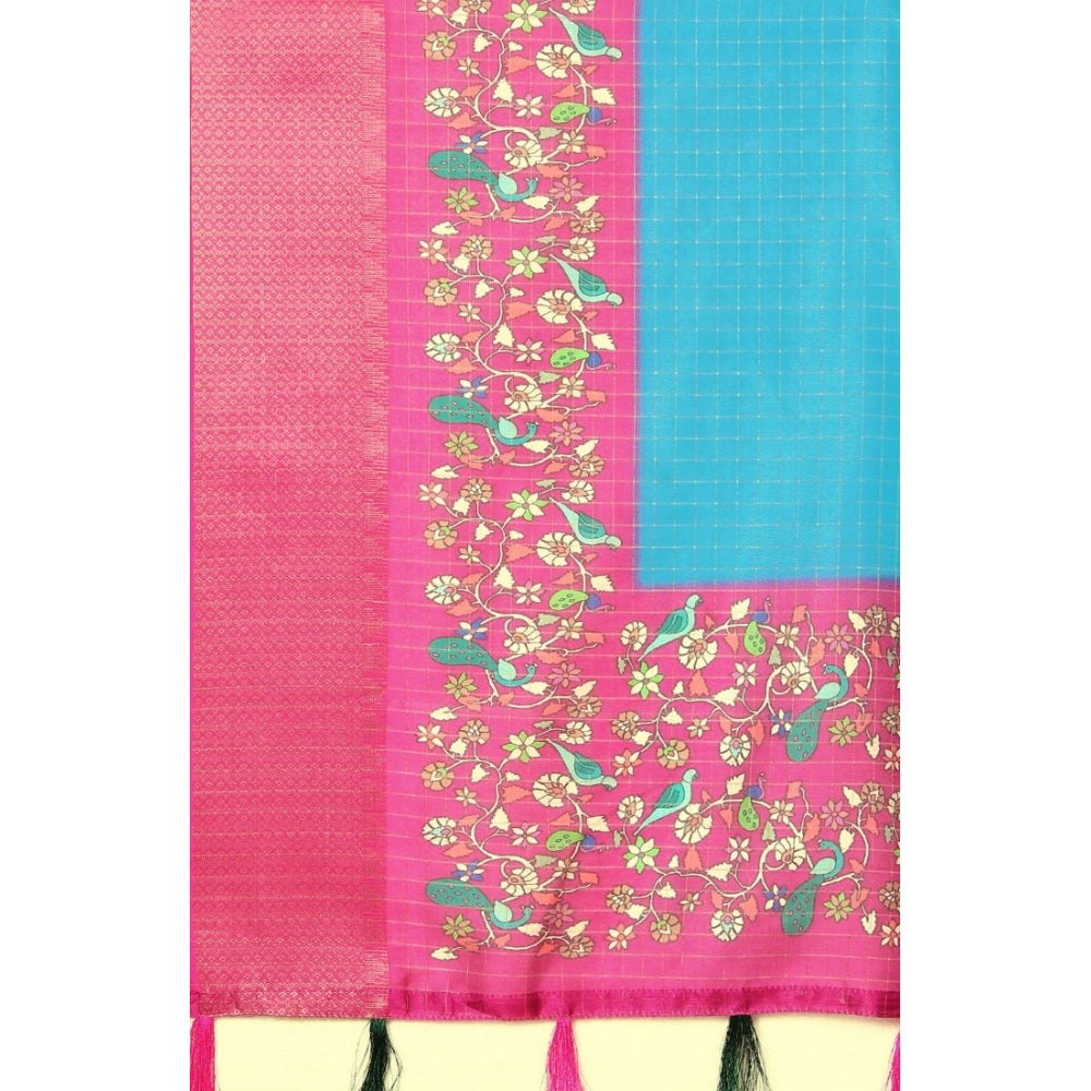 Generic Women's Cotton Silk Printed Saree With Unstitched Blouse 5.5Mtr (Blue-Pink)