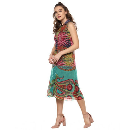 Generic Women's Polyester Floral Sleeveless Below Knee Dress (Multicolor)