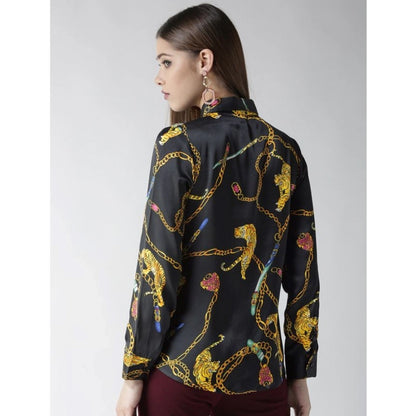 Generic Women's Satin Printed Long Sleeves Standard Length Shirt (Black - Gold)