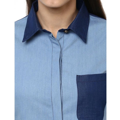 Generic Women's Denim Patch Work Long Sleeves Regular Top (Blue)