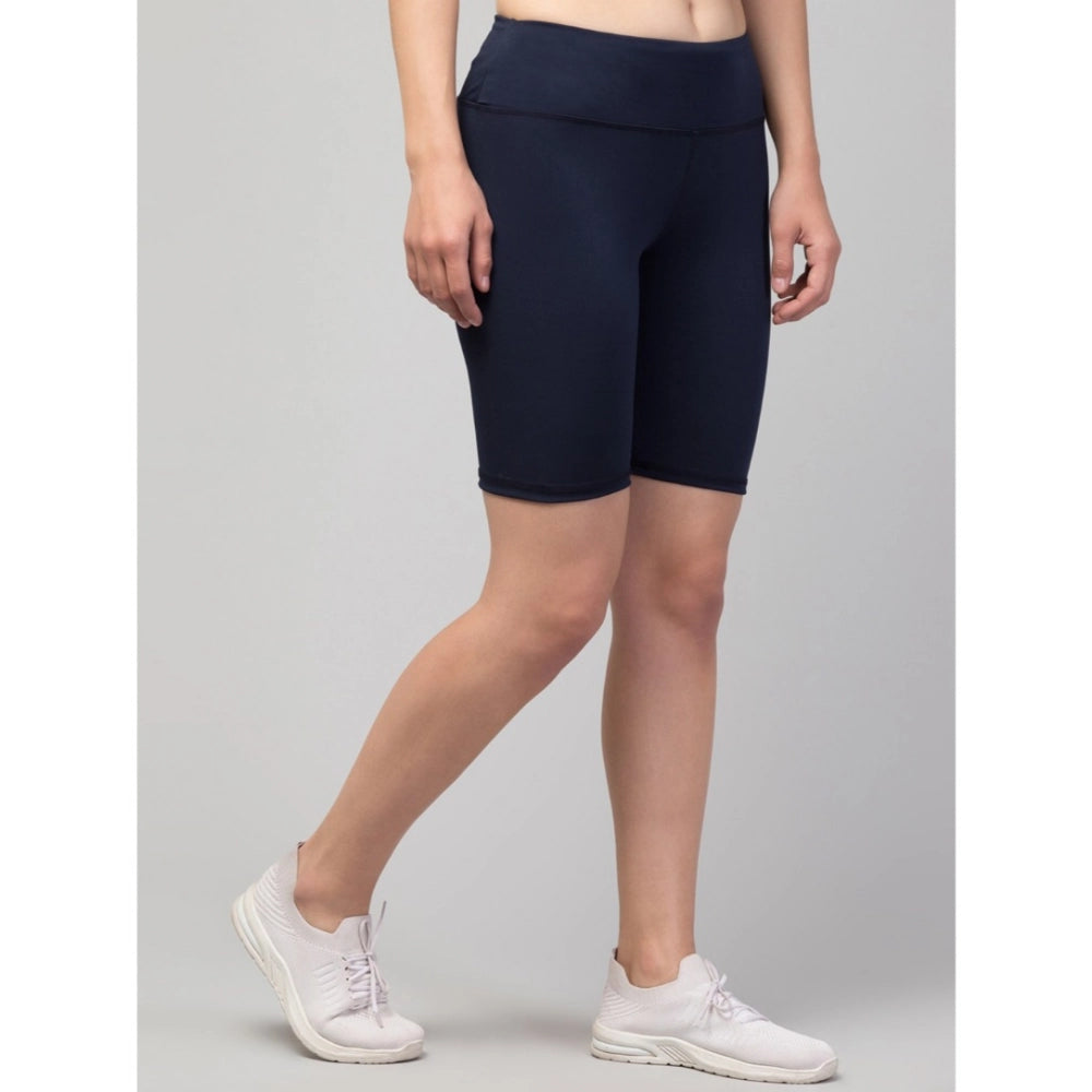 Generic Women's Polyester Solid Above Knee High-Rise Shorts (Navy)