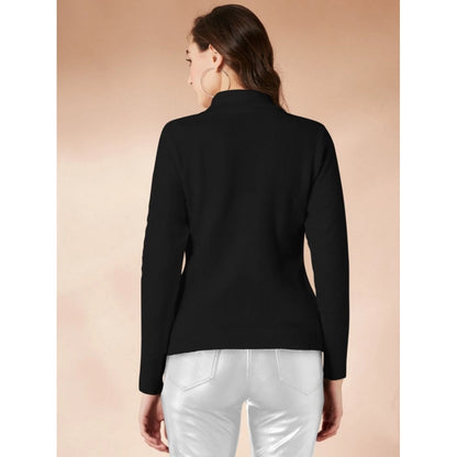 Generic Women's Polyester Solid High Neck Full Sleeve T-Shirt (Black)