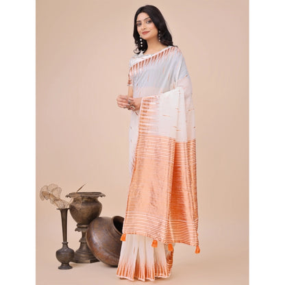 Generic Women's Linen Cotton Printed Saree With Unstitched Blouse 5.5Mtr (White)