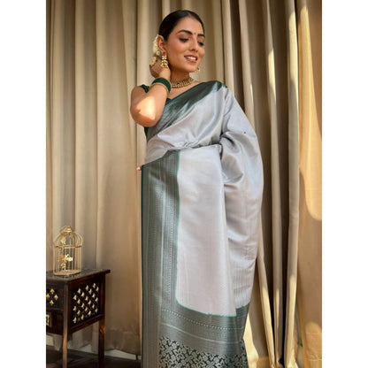 Generic Women's Silk Printed Saree With Unstitched Blouse 5.5Mtr (Grey)