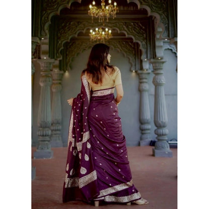 Generic Women's Cotton  Printed Saree With Unstitched Blouse 5.5Mtr (Purple)