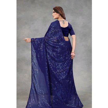 Generic Women's Georgette Embellished Sequnece Bollywood Saree With Unstitched Blouse 5.5Mtr (Blue)